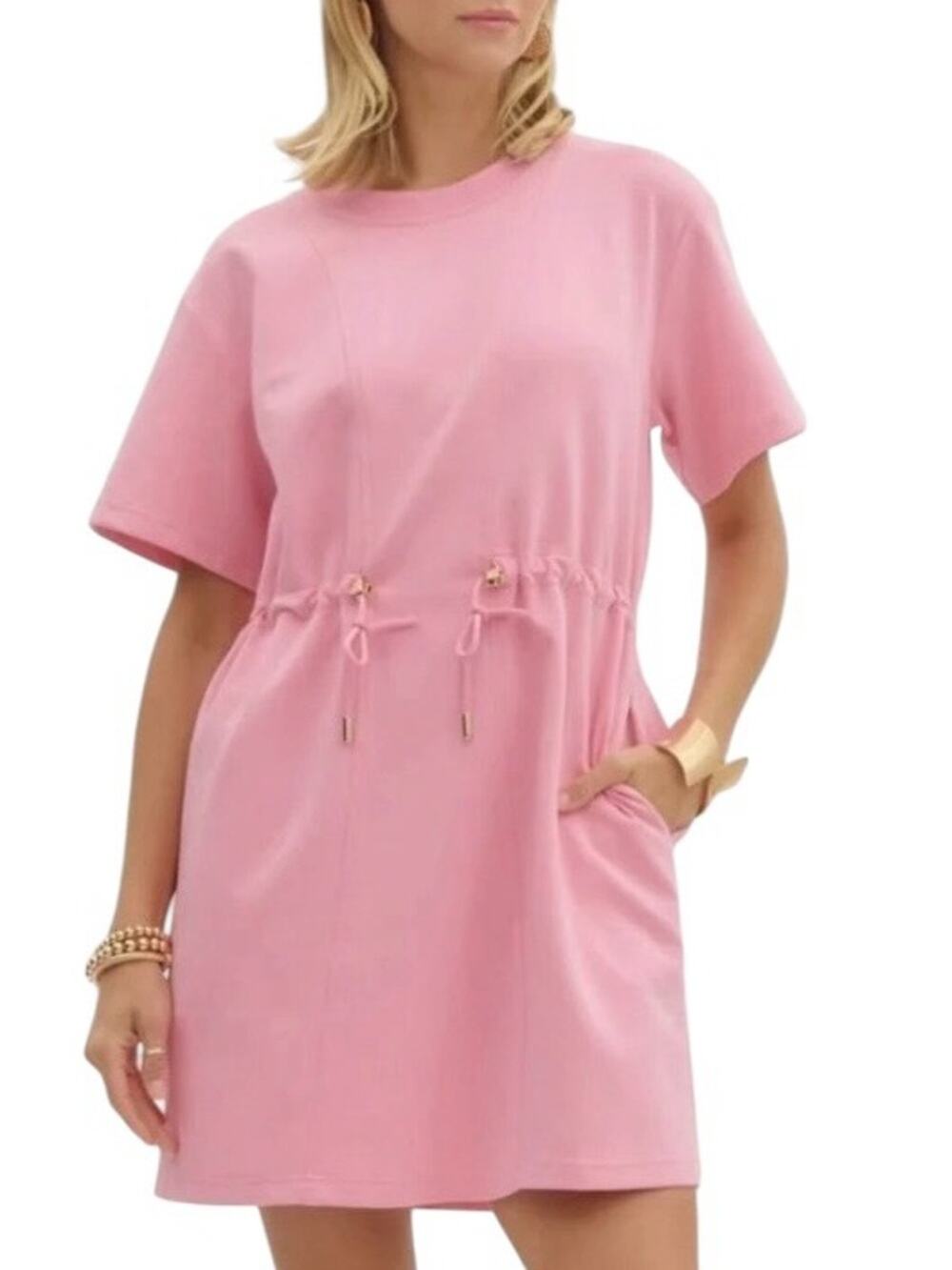 Entro Mini Dress Size S Bubblegum Pink Knit Drawstring Waist Athletic Cut